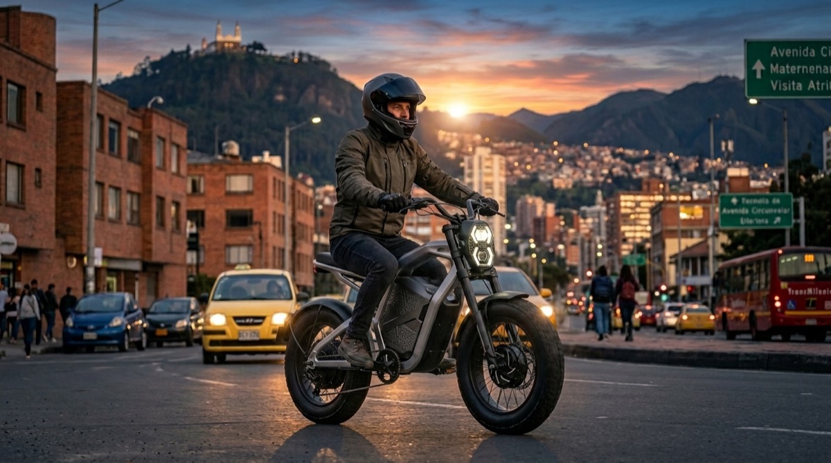 Rider de The Electric Roads en moto eléctrica por las calles de Bogotá