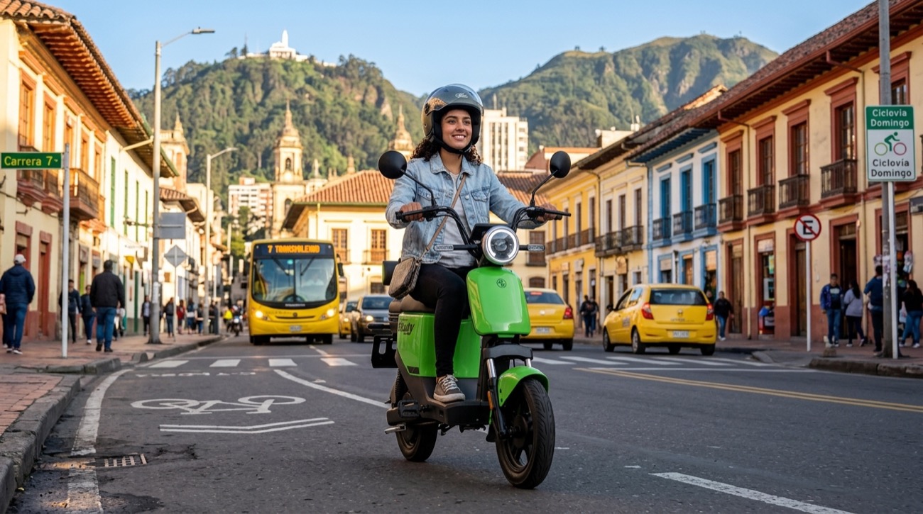 Rider de The Electric Roads sobre patineta eléctrica en Bogotá